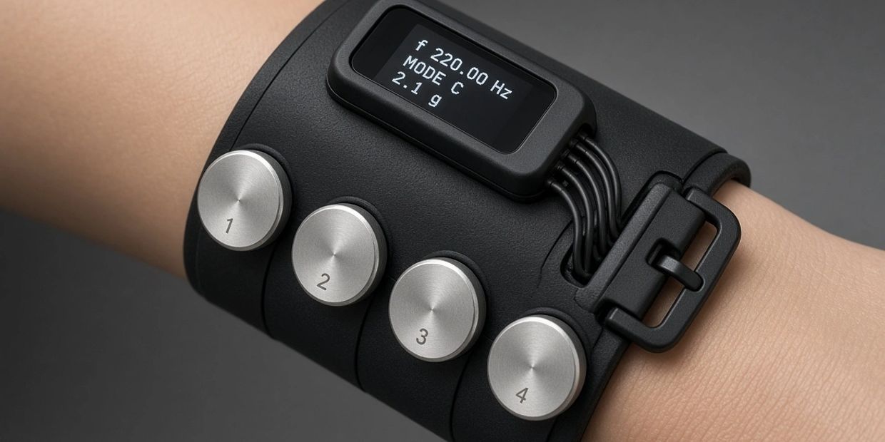 High-tech wrist device with numbered dials and digital display.