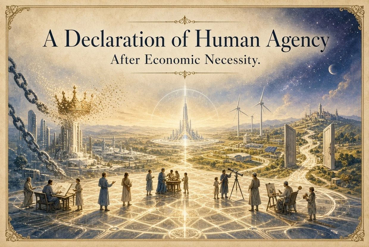 Illustration of human progress and agency beyond economic chains.