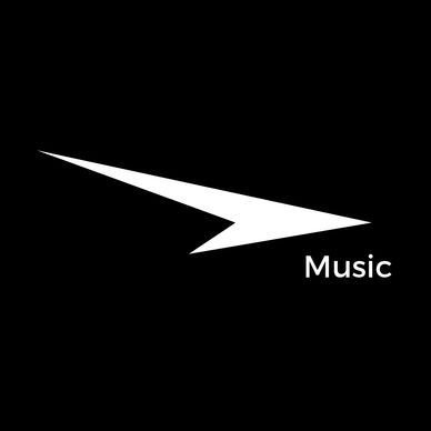 Stylized white arrow with the word 'Music' on black background.