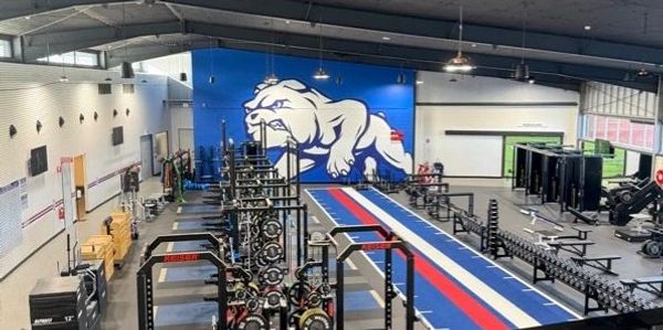 Spacious gym with weightlifting racks and a mural of a fierce bulldog.
