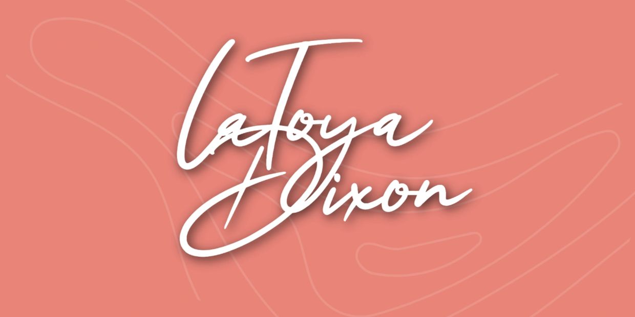 White cursive text 'Latoya Dixon' on coral background.