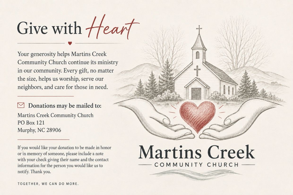 Fundraising message for Martins Creek Community Church with heart and hands illustration.