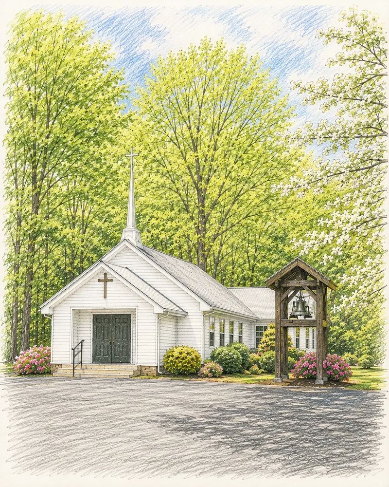 A quaint small white church surrounded by lush greenery and a bell tower in the mountains of Murphy, North Carolina