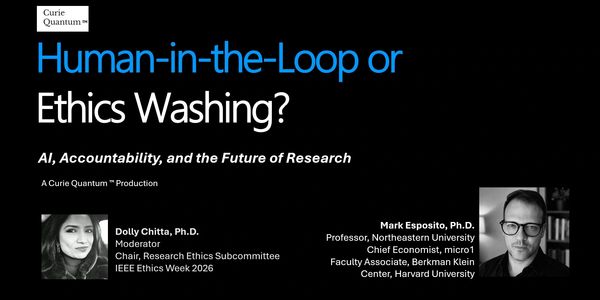 Conference slide on ethics in AI research with photos of speakers.