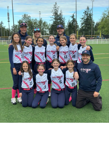Youth softball team posing together on a field with coaches.