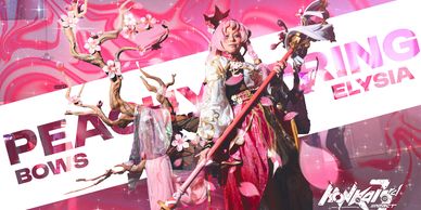Cosplayers in elaborate costumes posing with staffs and props in a vibrant pink-themed setting.