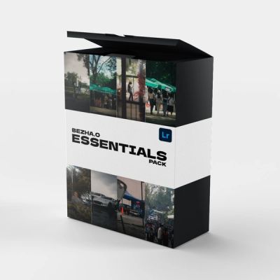 Black box packaging labeled 'BEZHA.O ESSENTIALS PACK' with photo thumbnails and Lightroom logo.