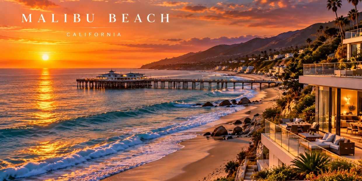 Sunset at Malibu Beach with a pier and ocean waves.
