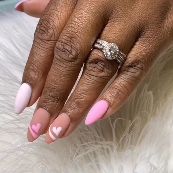 Almond shape short length pink heart nail art nude short nails oval shape nails