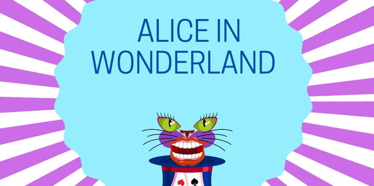 Colorful Alice in Wonderland poster with Cheshire Cat face and playing cards.
