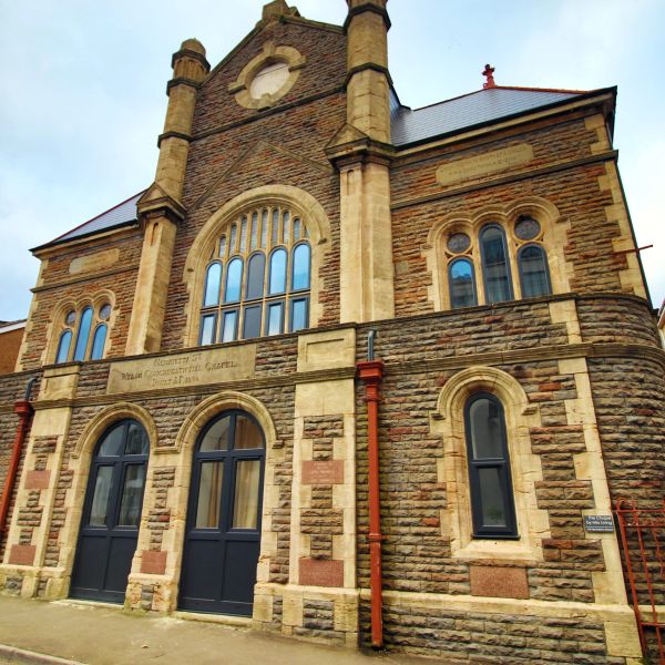 Historic Welsh Congregational Chapel building with large arched windows.