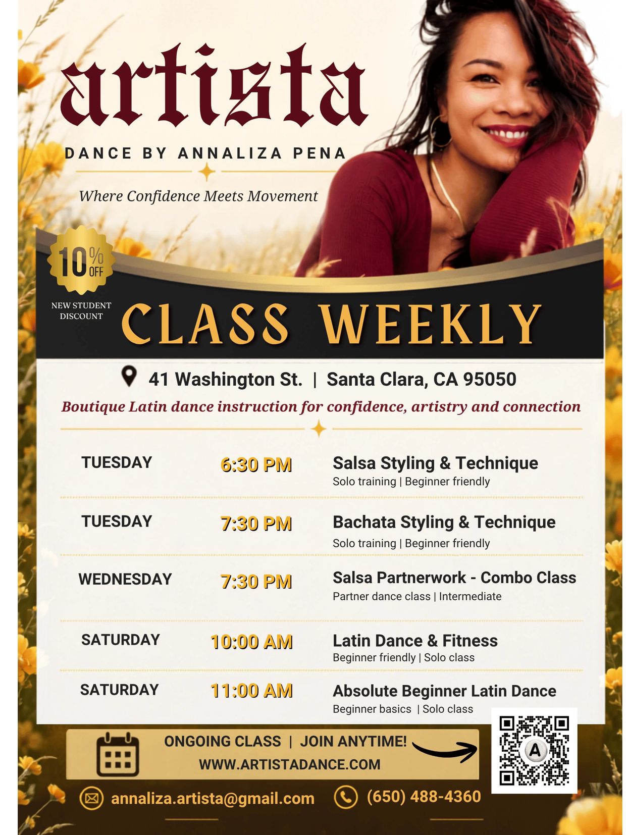 Weekly Latin dance classes by Annaliza Pena in Santa Clara with a 10% discount for new students.