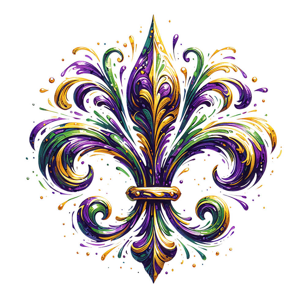 Colorful fleur-de-lis design with purple, gold, and green swirls.