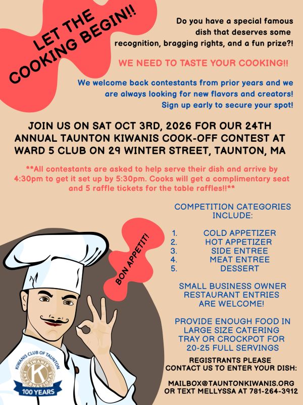 Poster for the 24th Annual Taunton Kiwanis Cook-Off Contest on October 3rd, 2026.