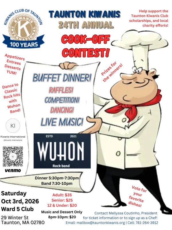 Taunton Kiwanis 24th Annual Cook-Off Contest with buffet, music, and prizes.