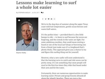 Valz surf lessons article newspaper, Galveston surfing lessons recommendations, Daily News sports