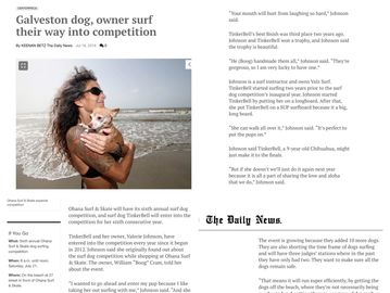 press coverage Valz surf Lessons, surf dog competition, Valerie and TinkerBell