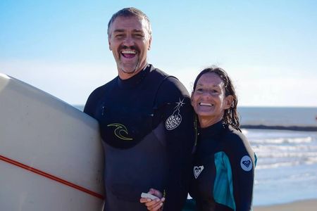 surf lessons instructors, surfing teachers, Valz surf lessons, Val and Doug, Galveston surf lessons