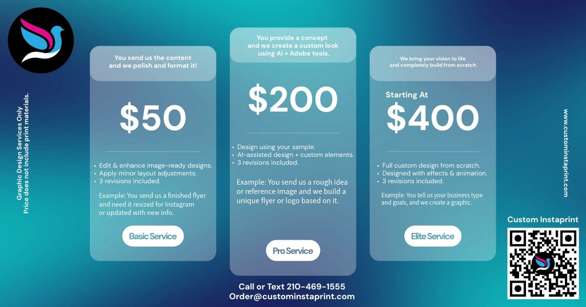 Graphic design pricing tiers for Basic, Pro, and Elite services with contact info and QR code.