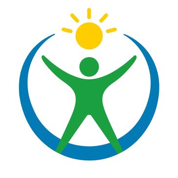 Green human figure with raised arms under a yellow sun, encircled by a blue arc.