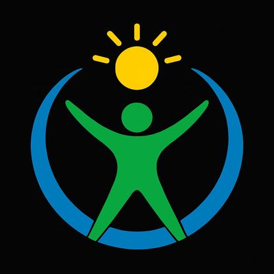 Green figure with raised arms under a yellow sun, encased in a blue arc on black background.
