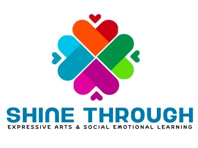 Colorful heart-shaped logo with 'Shine Through' text promoting expressive arts and social emotional learning.