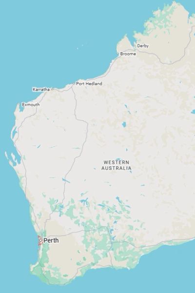 Map showing Western Australia with major towns and Perth marked.