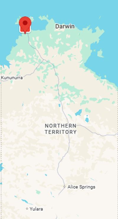 Map showing Northern Territory with a pin in the northwest near Darwin.
