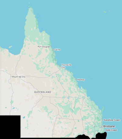 Map showing Queensland, Australia with key cities labeled.