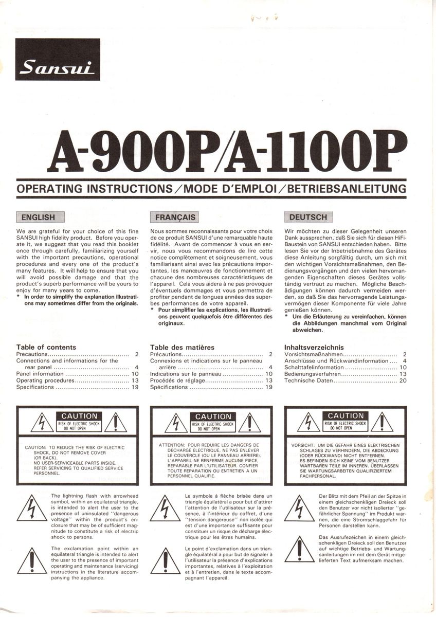 Original printed Owner's Manual User Manual Sansui A-900P A-1100P A900P ...