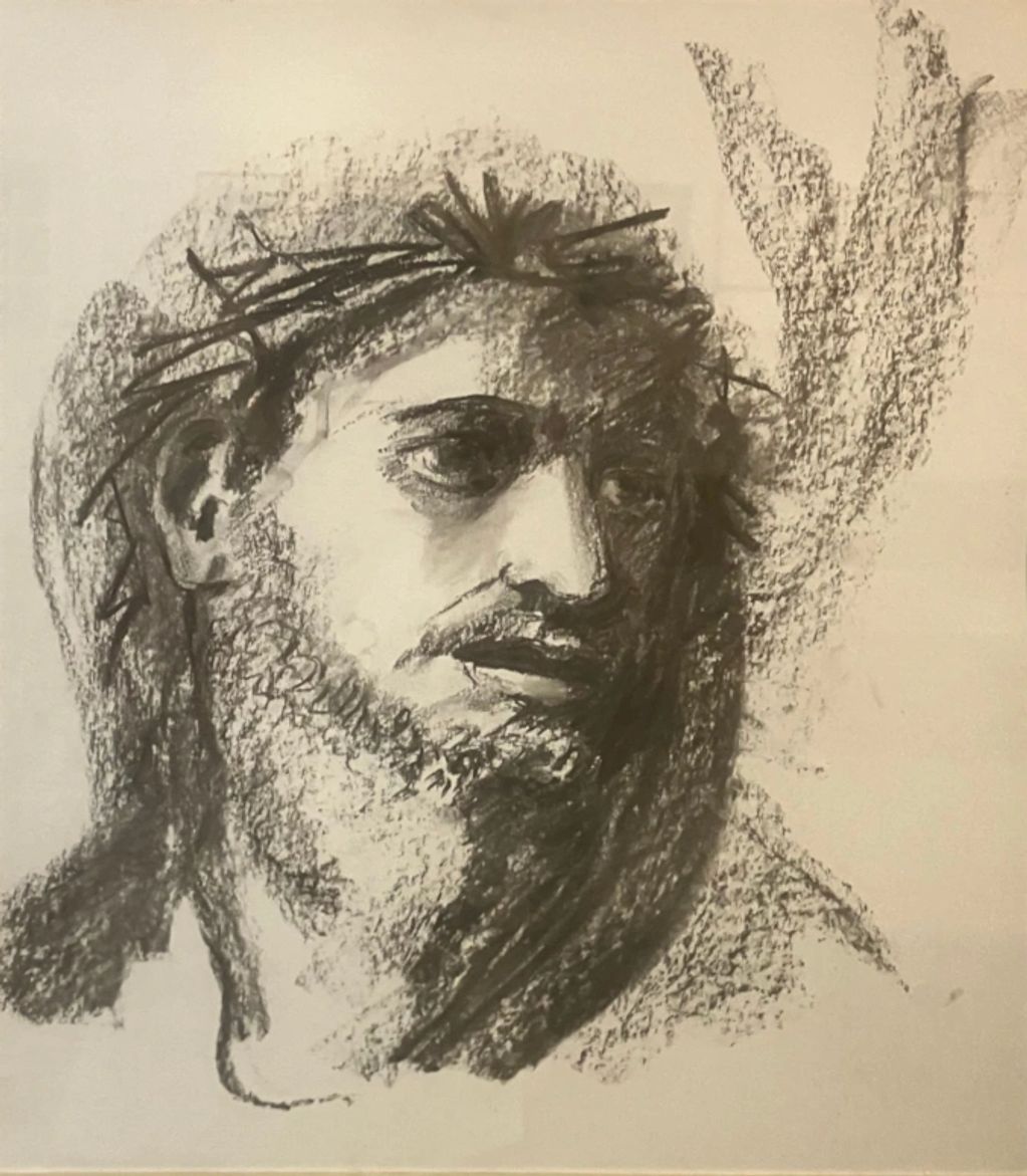 Charcoal sketch of a bearded man wearing a crown of thorns.