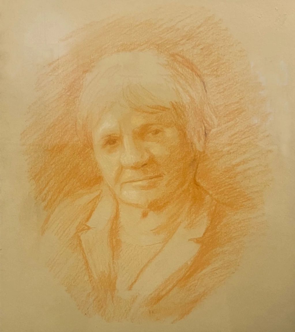 Portrait sketch of an elderly woman in warm tones.