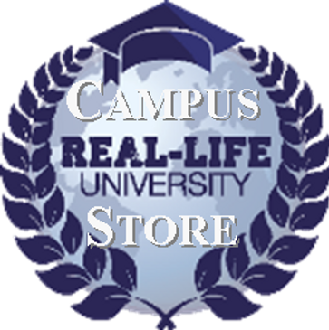 Logo of Real-Life University Campus Store with laurel wreath and graduation cap.