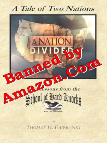 Book cover titled 'A Tale of Two Nations,' marked 'Banned by Amazon.com.'