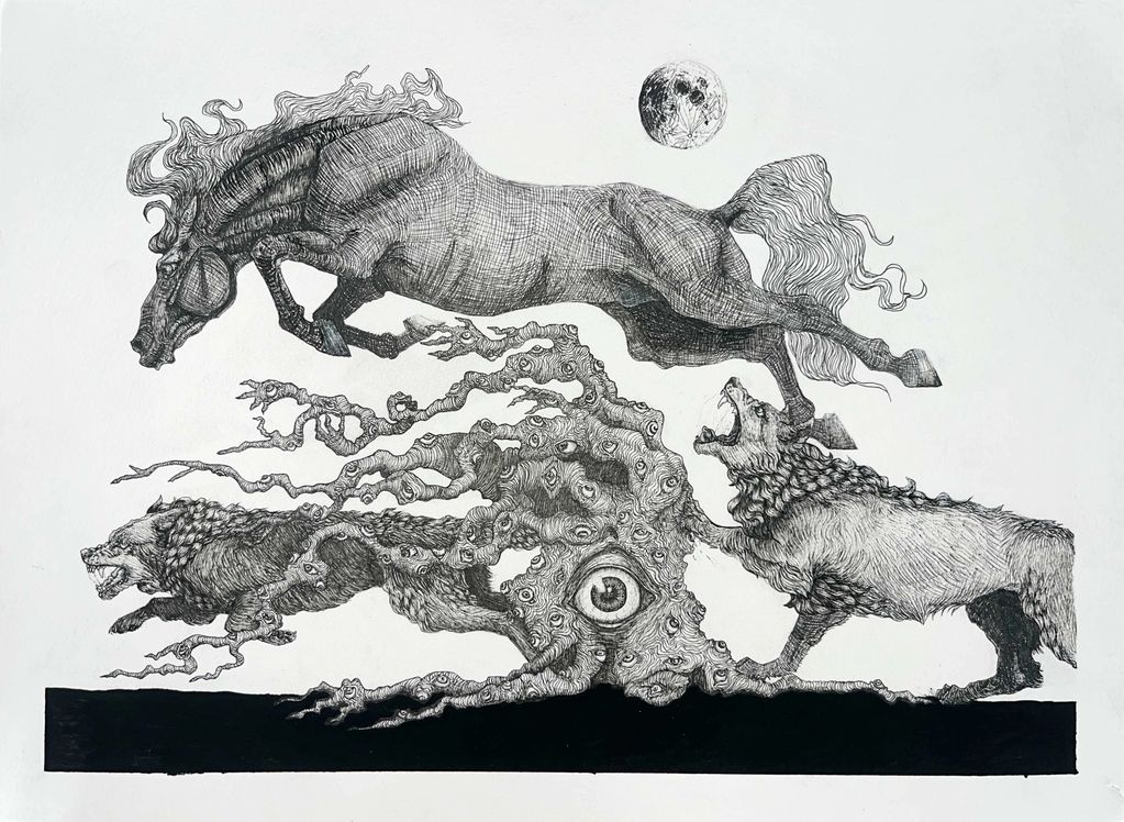 Pen and Ink drawing of horse and wolves jumping over a tree with eyes. Moon above. Black and white.