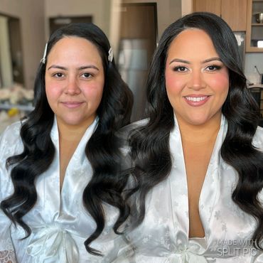 Before and after makeup transformation of a woman with long wavy hair.