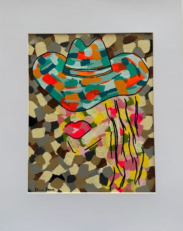 Matted acrylic abstract on paper with dabs of bright colors outlining a woman in western hat.