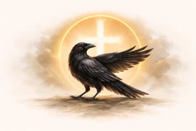 A black raven spreading its wing in front of a glowing cross in a cloudy sky.