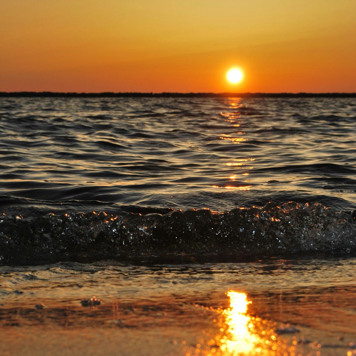 Sunset over calm ocean waves with golden reflections.