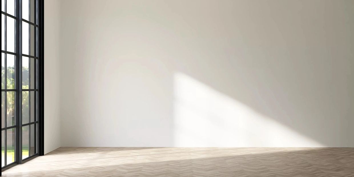 Empty room with large windows and sunlight casting shadows on the wooden floor.