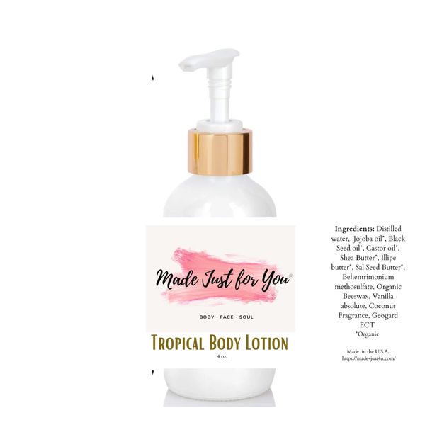Bottle of tropical body lotion with natural ingredients and elegant design.