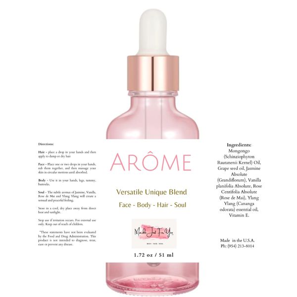 Pink dropper bottle of Arôme versatile blend for face, body, hair, and soul.