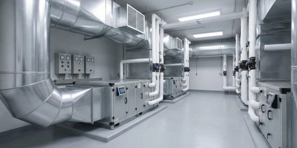 Clean mechanical room with ductwork and HVAC equipment.