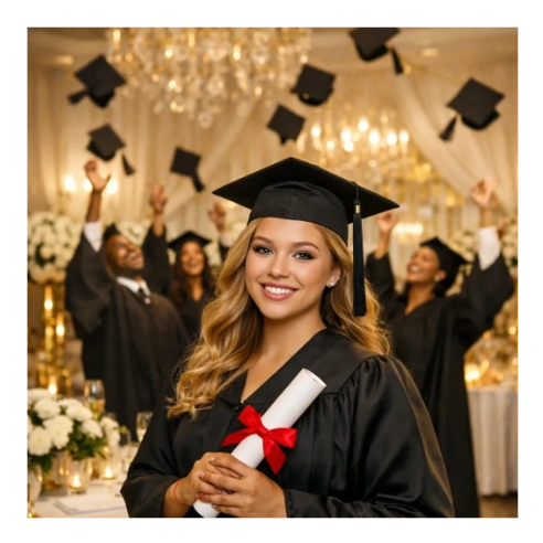 Young woman in graduation gown holding diploma, smiling confidently.