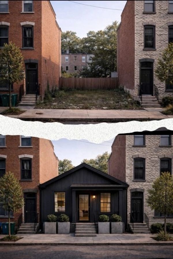 Transformation of empty lot into a cozy black house between brick buildings.