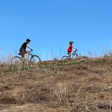 Two people biking on a hill under a clear blue sky.