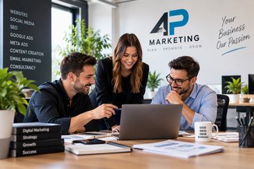 4P Marketing team collaborating on digital marketing strategy.