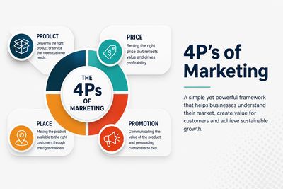 Modern infographic explaining the 4Ps of marketing: Product, Price, Place and Promotion.
