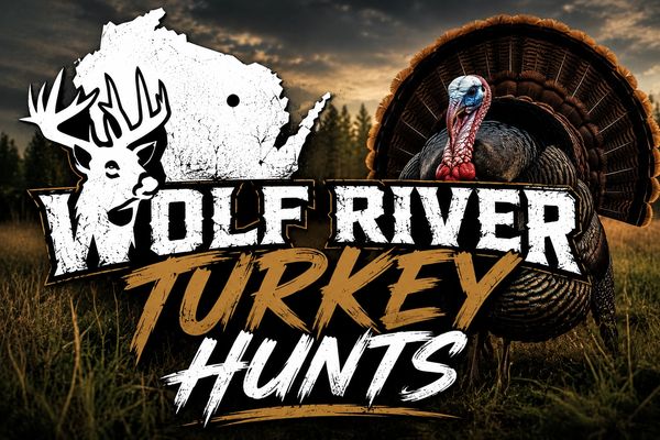 Logo for Wolf River Turkey Hunts with deer and turkey images.