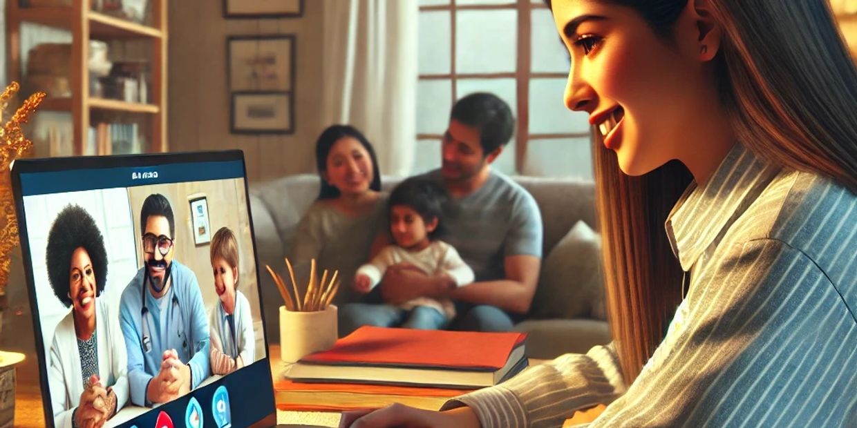Woman video chatting with doctors while family sits on couch.